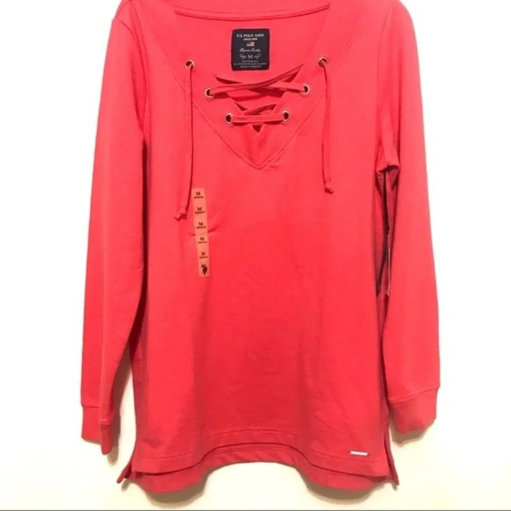 US Polo Assn Coral top women long sleeve V neck hi low sweater size M causal
